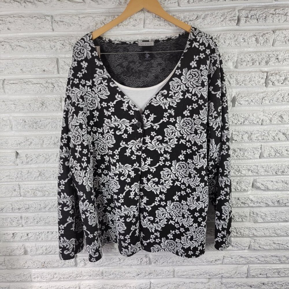 Kate Henry Womens Top 3X Plus One Button with Under Tank Black FLO5E